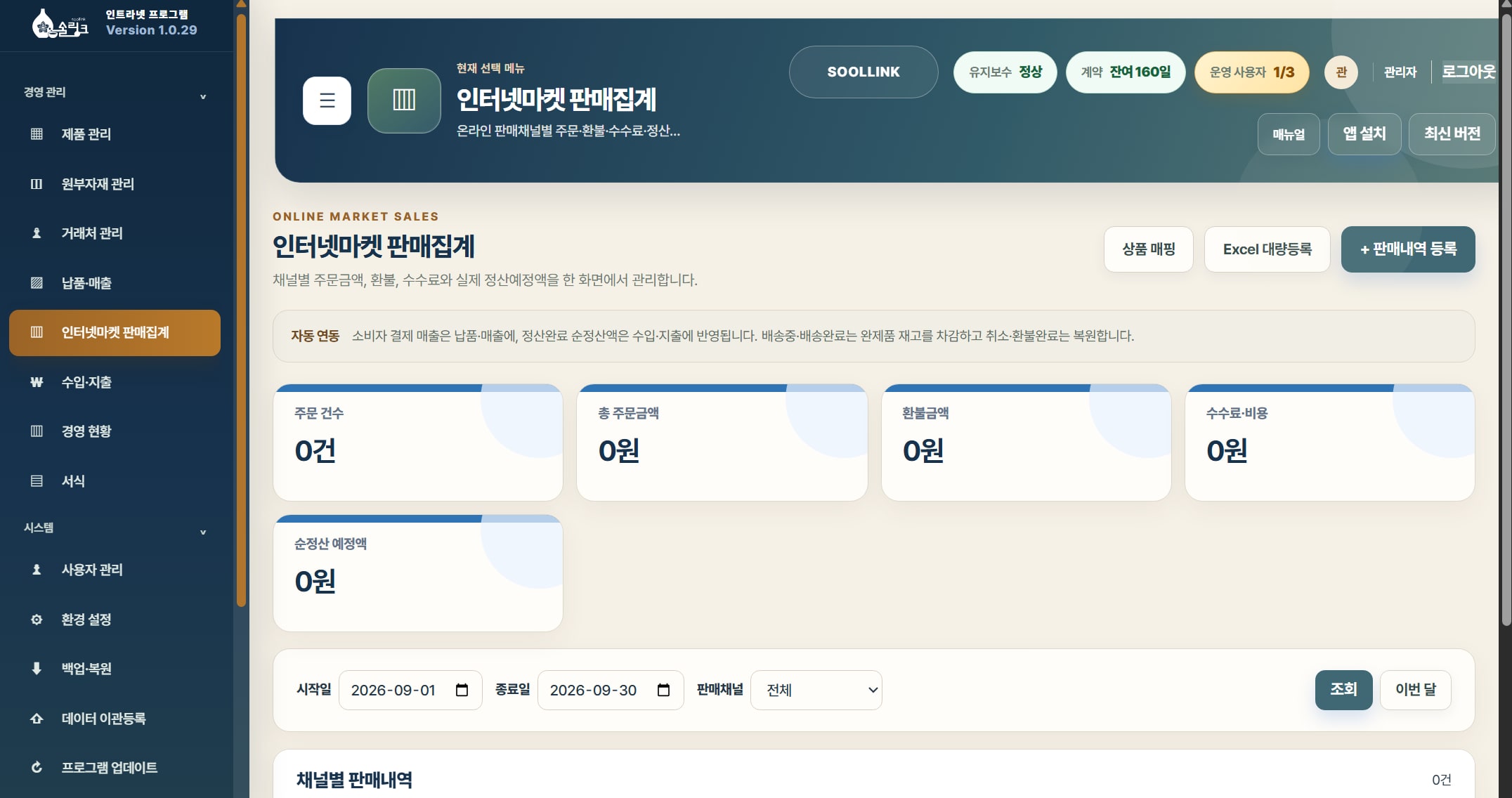 인터넷마켓 판매집계 화면